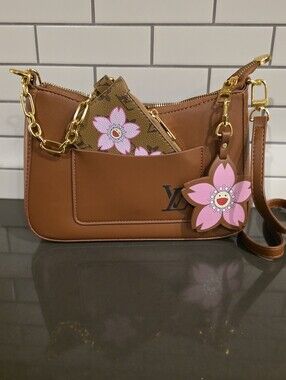 Brown Shoulder Bag with Pink Flower Charm